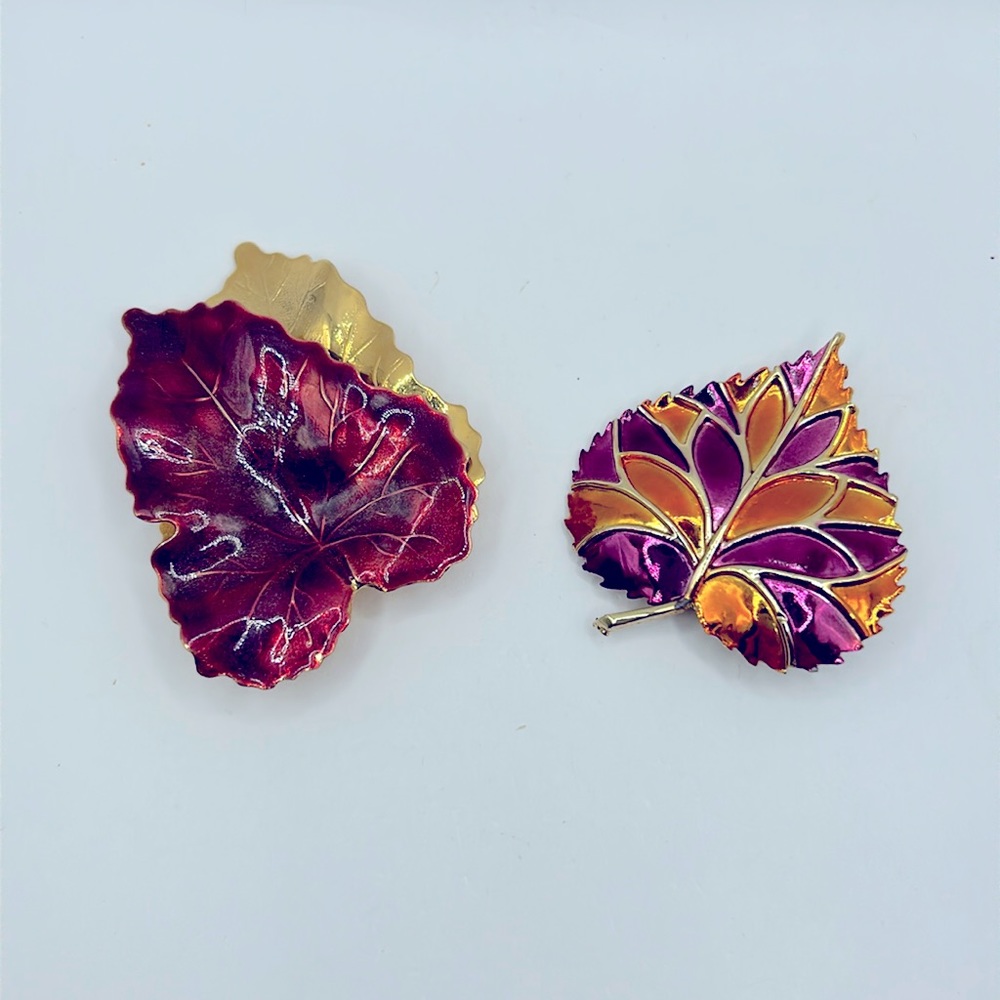 Vintage Enamel Gold Tone Leaf Brooches